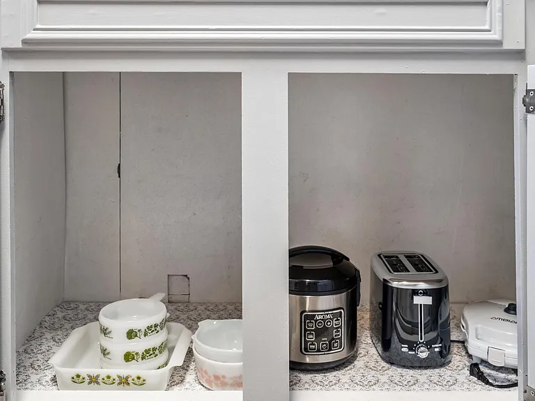 rice cooker, toaster, waffle maker, hand mixer, serving dishes