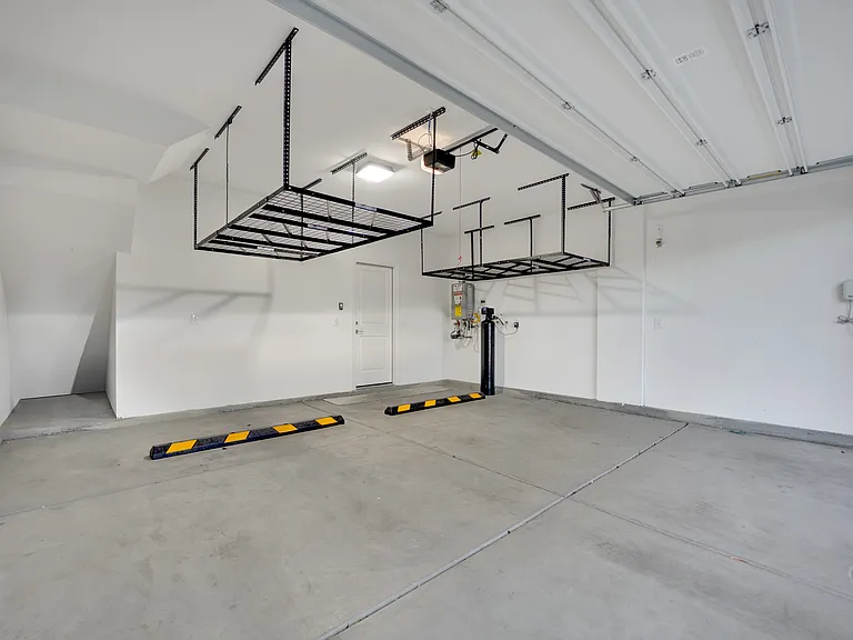 Two car garage with storage racks
