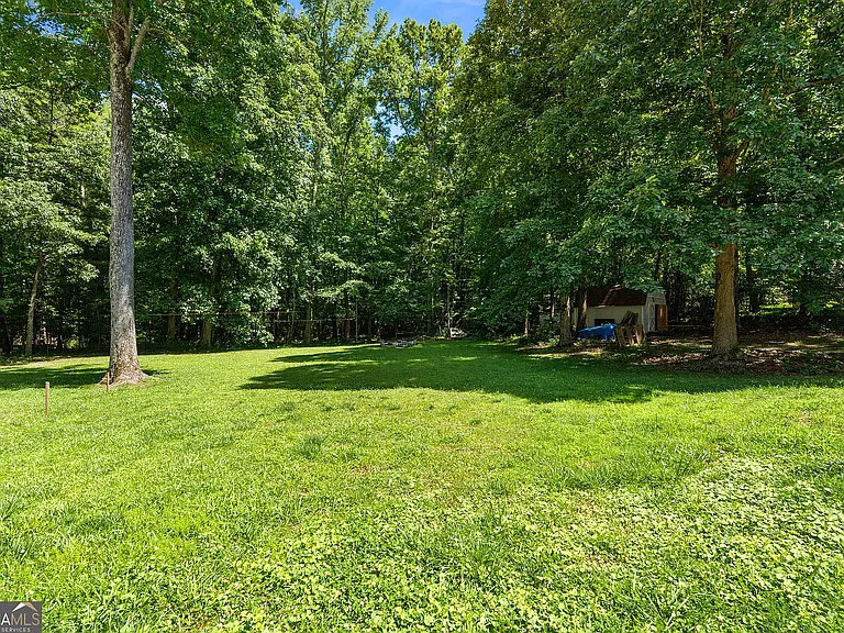 Large backyard with view of shed