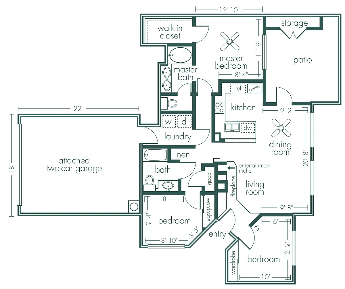 Floor plan Andromeda - Three Bedroom/Two Bath 1,279 Sq Ft