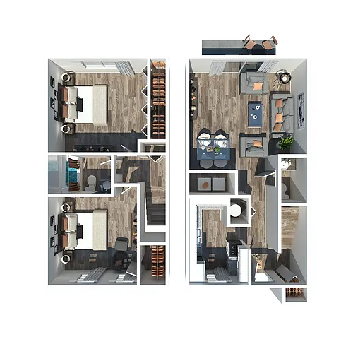 Floor plan The Huntley 2 Bedroom 1.5 Bath Townhome