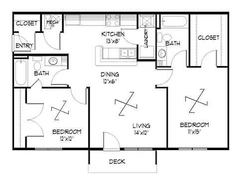 Floor plan 2 Bedroom 975 SF