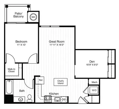 Floor plan A13D 1 Bedroom 1 Bath with Balcony & Den