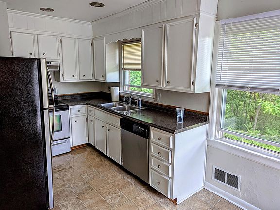 Kitchen with dishwasher and backyard view