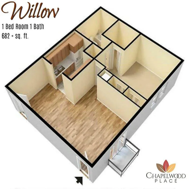 Floor plan Willow- 1x1 Up