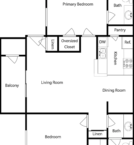 Two-Bedroom, Two-Bathroom (A) Floorplan Diagram
