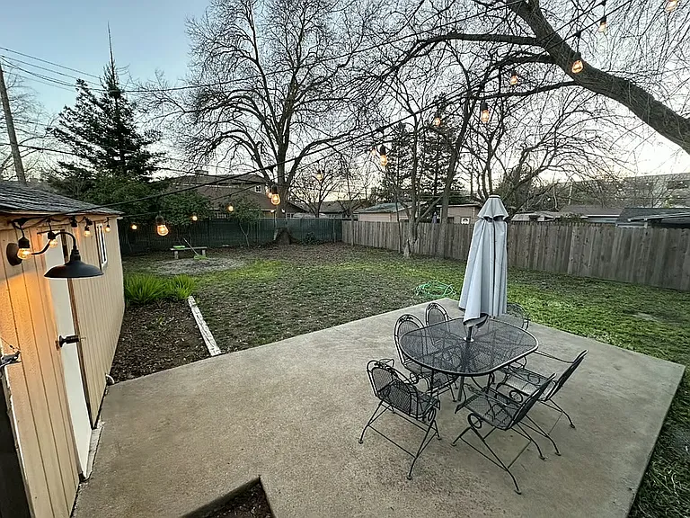 Large backyard fenced for dogs