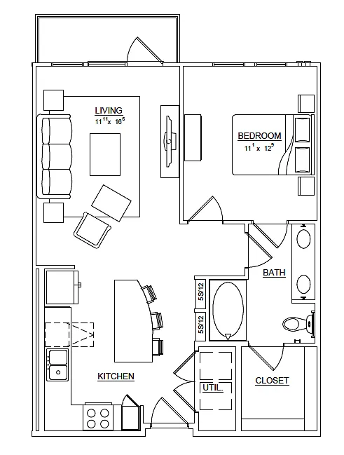 Floor plan A2 Lily 1x1 744sf