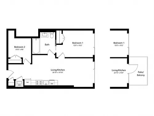 Floor plan 2 Bedroom - 1 Bath | Bj3