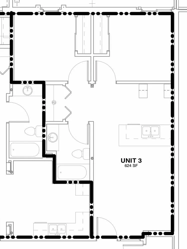 Simple Floor Plan with full kitchen and bath and 2 large bedrooms.