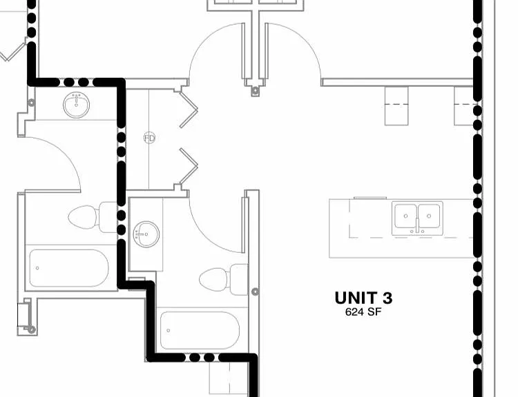 Simple Floor Plan with full kitchen and bath and 2 large bedrooms.