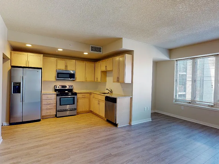 Apartment kitchen with stainless steel appliances, dining and living room with wood-style flooring.