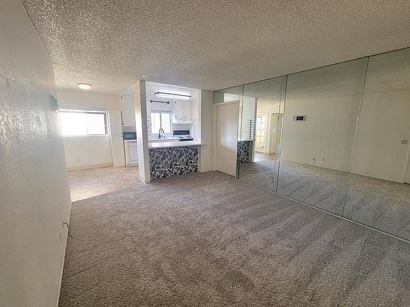 Living room view from the front door. Right wall has floor to ceiling mirrors.