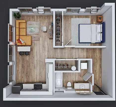 Floor plan 1bed 1ba Model B1
