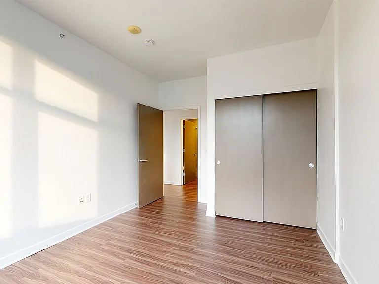 Spacious apartment Bedroom with Large Closet and Wood-Style Flooring.