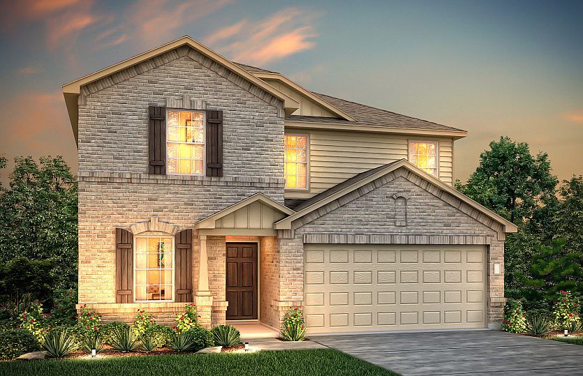The Sandalwood, a two-story home with 2-car garage, shown with Home Exterior O