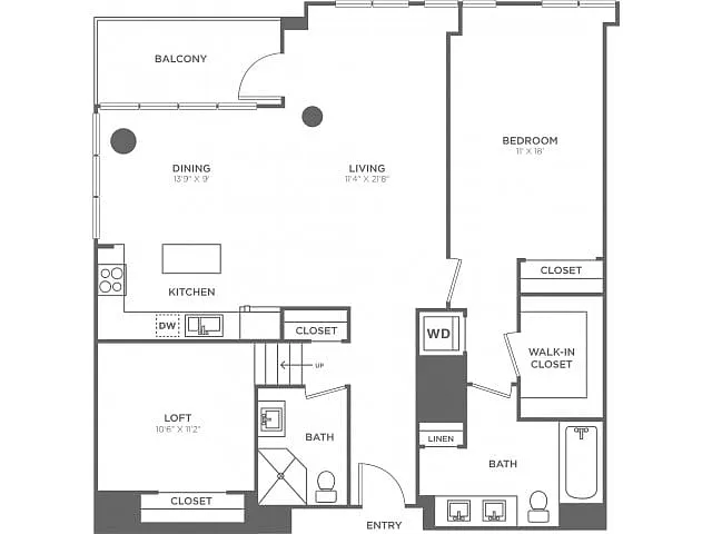Floor plan One Bedroom Two Bath w/Loft (1270 SF)