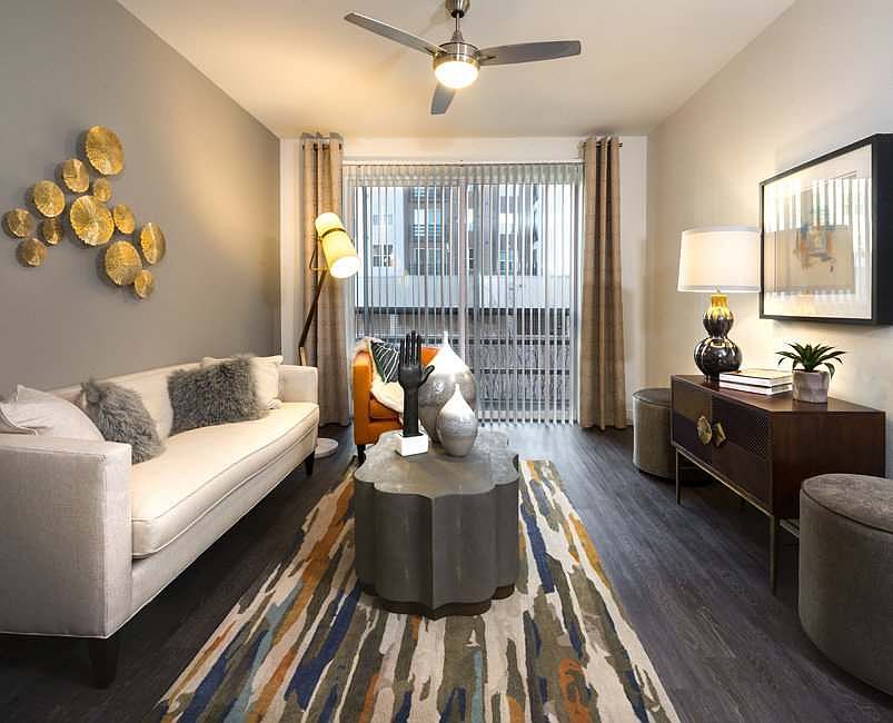 Living room with faux wood flooring