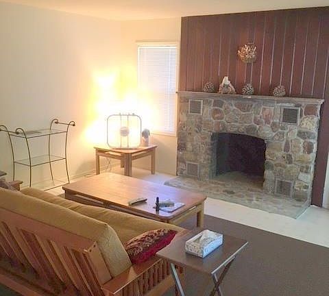 Living room with stone fireplace