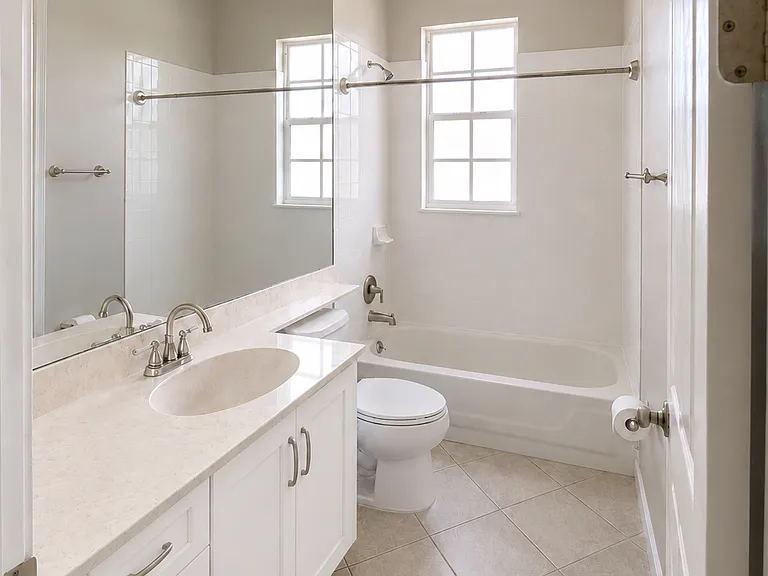 Private Guest-Suite Bath with Updated White Shaker Vanity Cabinets