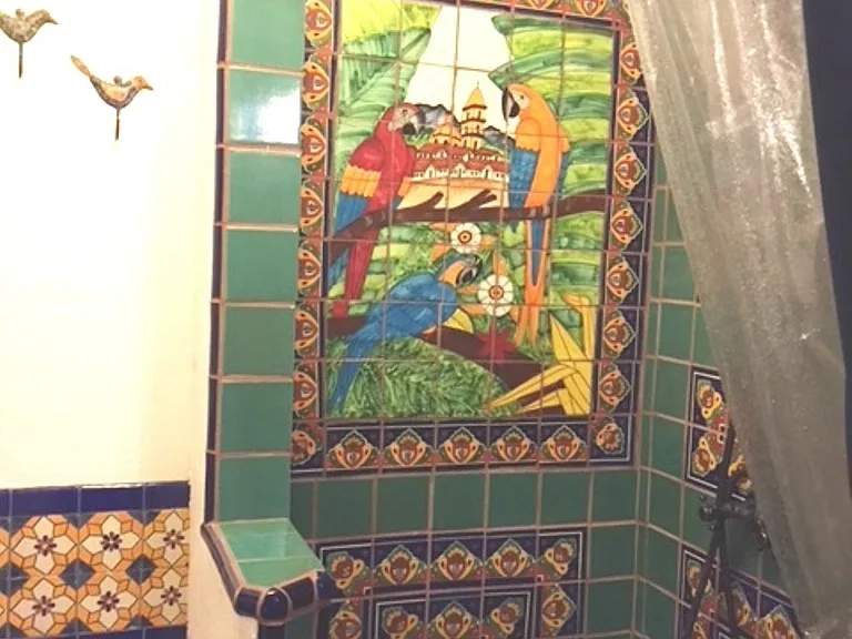 Shower Tiled View of Parrots and Tropical Scene