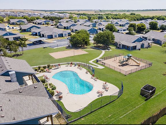 Bird's Eye View of Pool, Playground, and Sand Volleyball at Crescent Village, Elgin TX