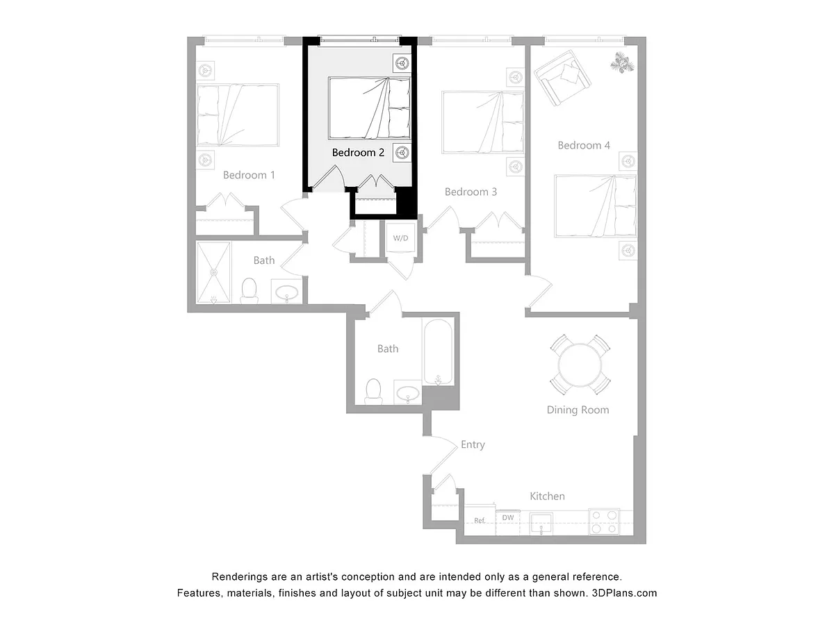 Floor plan Furnished Room in a 4 Bedroom 2 Bathroom (F2)