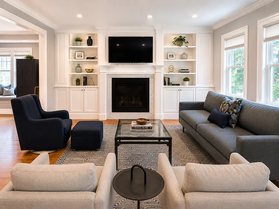 Bright living room with custom built-ins, fireplace, and abundant natural light