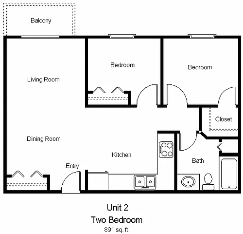 Floor plan 2 Bedroom 1 Bath B