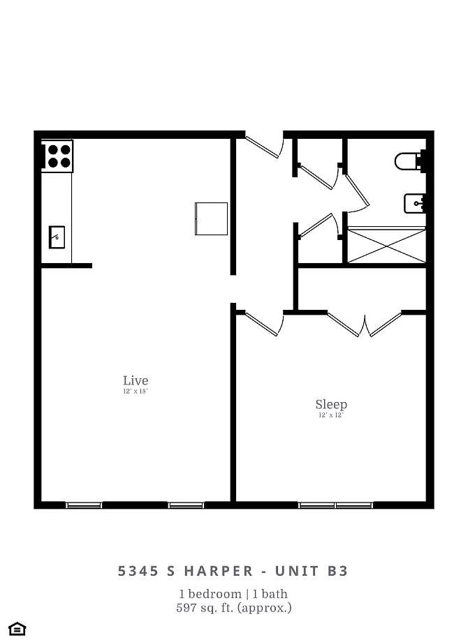 Floor plan 1 Bedroom, 1 Bathroom (B3)