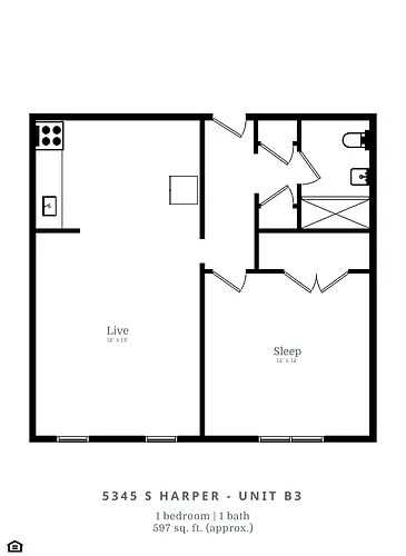 Floor plan 1 Bedroom, 1 Bathroom (B3)