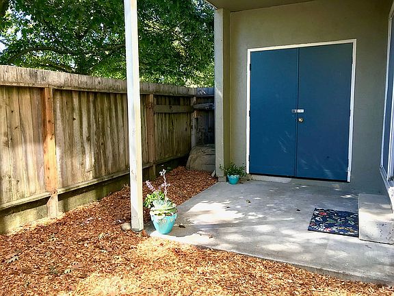Back yard patio with storage