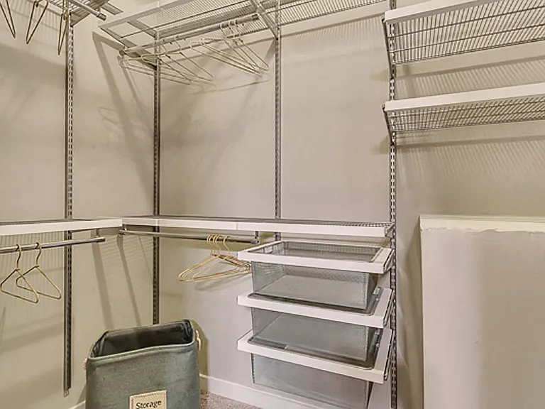 Large walk-in closet with custom shelves and drawers