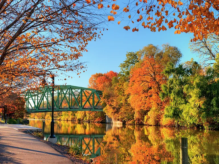 Image of a canal bridge and fall leaves by the Erie Canal in Pittsford NY near Westport Crossing