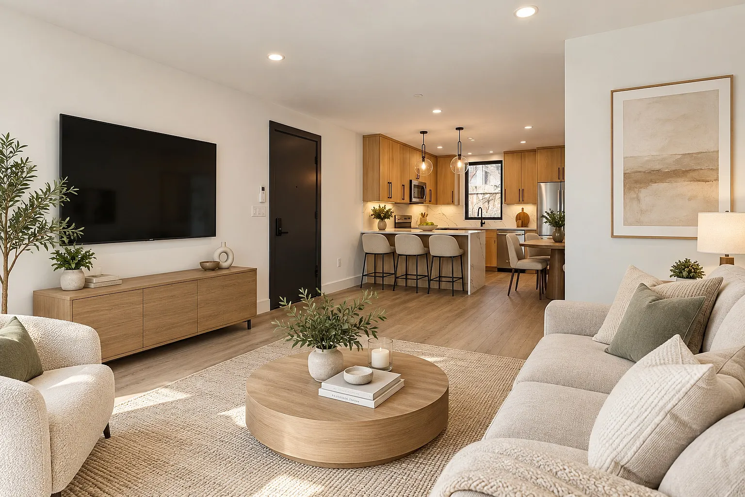 Virtually Staged Living Room and Kitchen