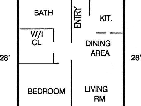 Layout of the 653-sq.-ft.-floor plan. Large windows in living area and bedroom face east.