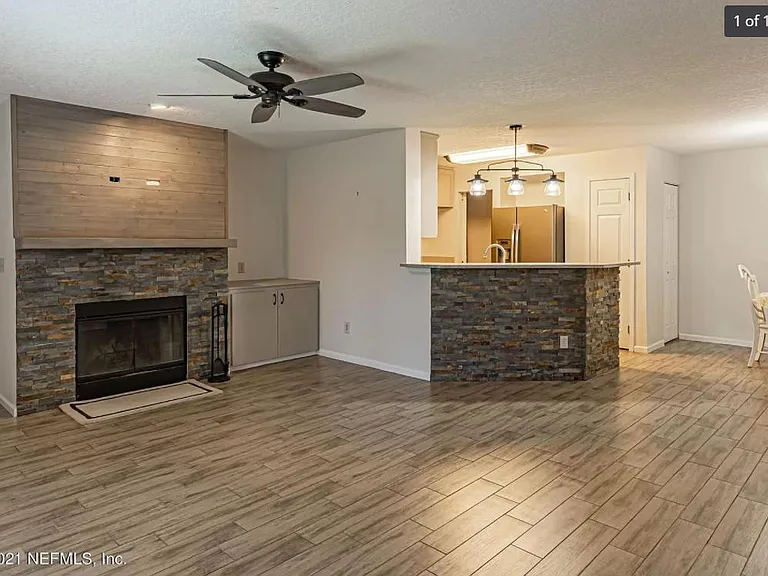 Stone wood burning fireplace