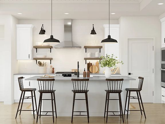 Kitchen with pendant lighting and floating shelves
