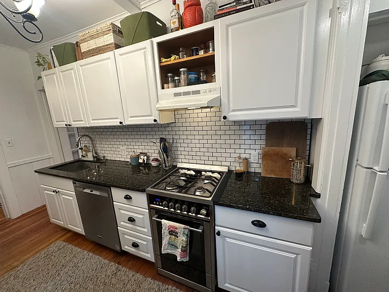 Kitchen with stainless steel dishwasher, gas stove and granite countertop.
