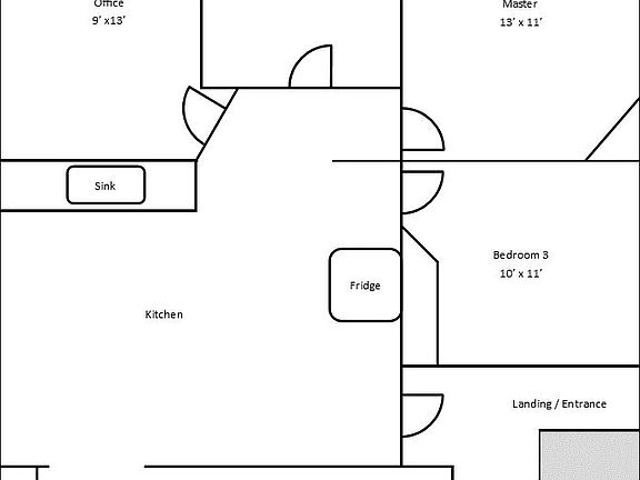 Central kitchen painted bright white. Two very private bedrooms