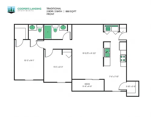 Floor plan 2 Bed, 1.5 Bath - 888 sq ft