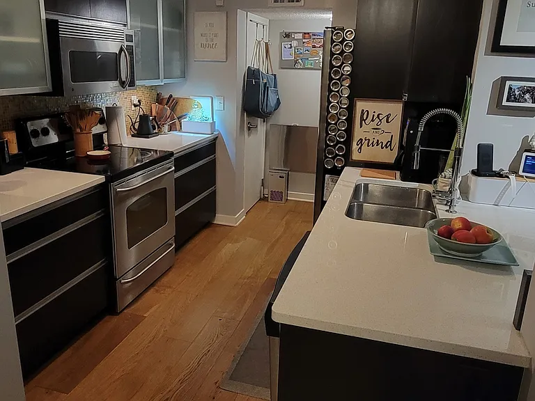 View into galley kitchen
