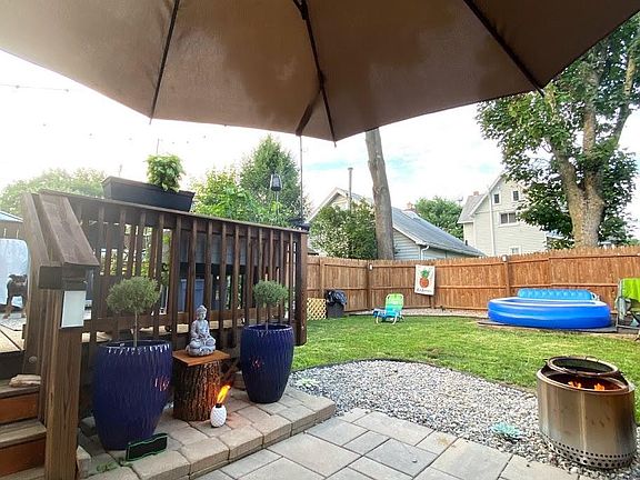 Patio and fenced in backyard