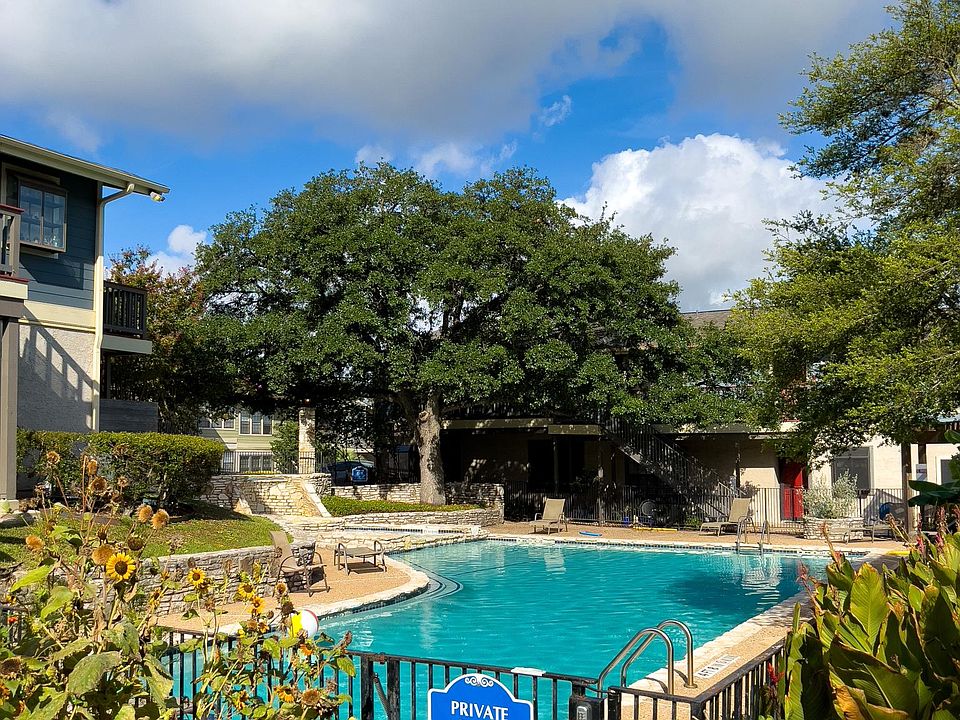 The pool is surrounded by a large old Oak tree, sunflowers and banana trees.