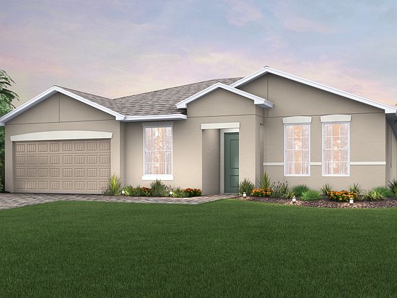 The Palm, a single-story home with a 2 car garage, shown with Home Exterior FM2A