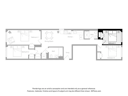 Floor plan Furnished Room in a 4 Bedroom 2 Bathroom (H3)