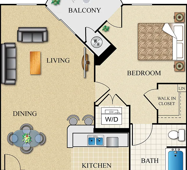 1 Bed 1 Bath 698 Sq. Ft. Floorplan Diagram