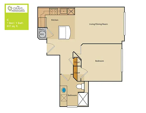 Floor plan 1 Bed/1 Bath (252aa3)