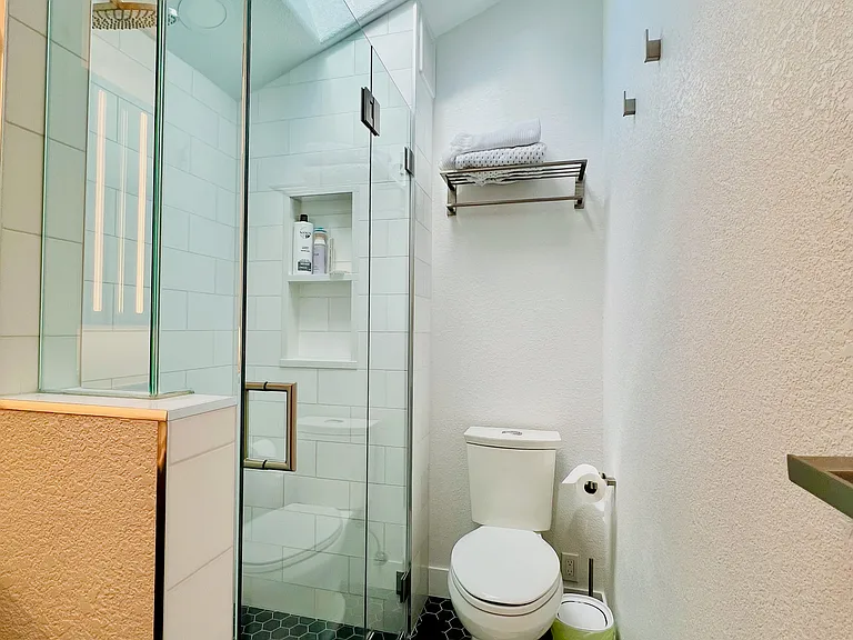 The bathroom has two skylights. One above the sink and the other above the shower.