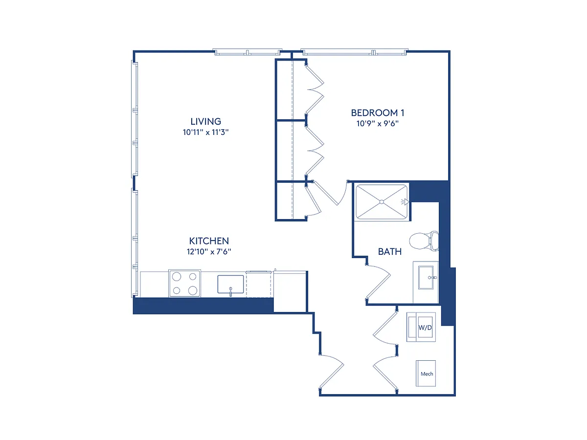 Floor plan 1 BR 1 BA (591 SF)
